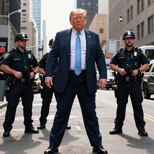 Photograph of Donald Trump, in a dark suit and blue tie, walking down a city street flanked by two police officers. Urban background with tall