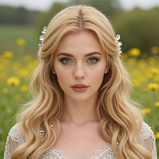 Photograph of a blonde woman with green eyes, wearing a white lace dress, adorned with small white flowers in her wavy hair, standing in a