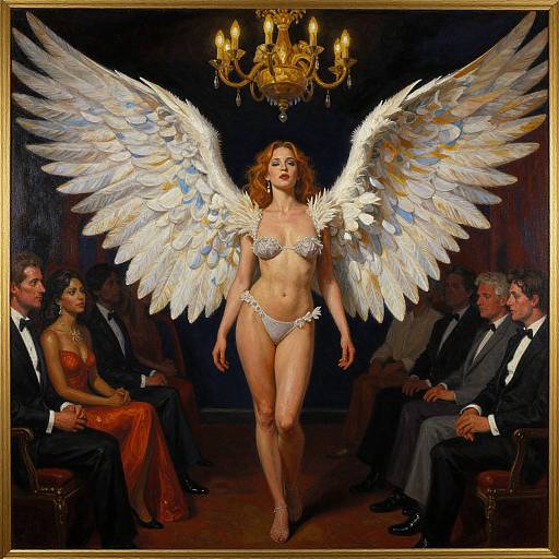 Photograph of a redheaded woman with large white angel wings, wearing silver lingerie, walking confidently in front of a seated audience in formal wear, under
