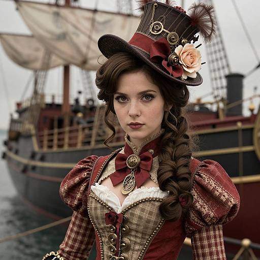 Photorealistic digital art of a Victorian-era woman with intricate red-brown dress, top hat adorned with feather and rose, standing beside a vintage sailing