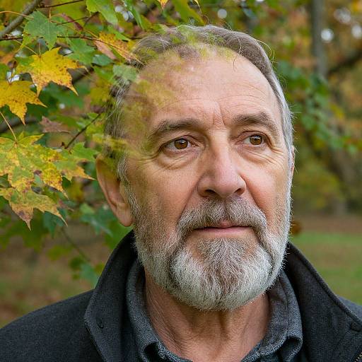 Photograph of an elderly man with gray hair and beard, wearing a dark jacket, surrounded by autumn leaves with green and yellow foliage in the background.