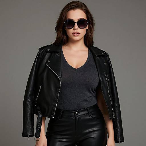 Photograph of a confident woman with dark brown hair, black sunglasses, black leather jacket, black V-neck top, and black leather pants, standing against