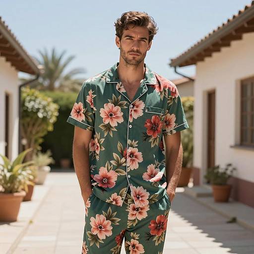 Man in Floral Pajama Set Outdoors