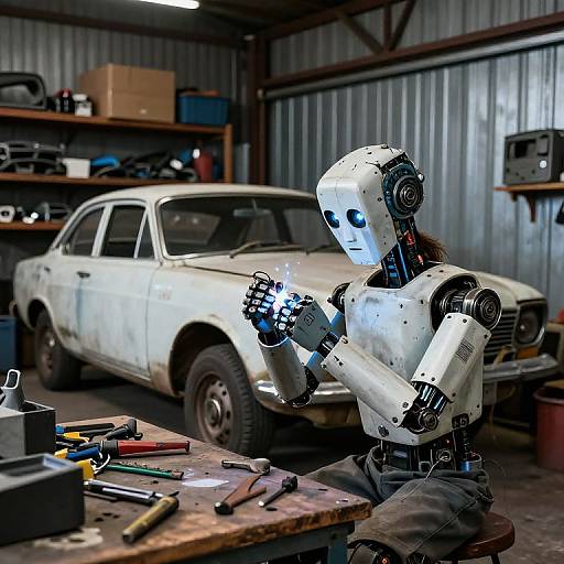 Photograph of a white, humanoid robot with exposed gears, welding in an industrial workshop with an old, white, rusted car in the background.