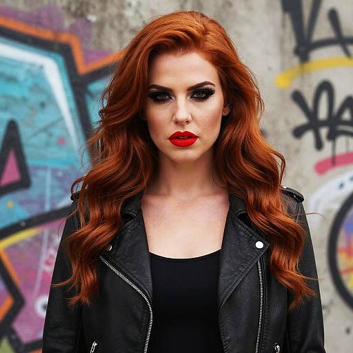 Confident Redhead Woman with Leather Jacket and Urban Graffiti