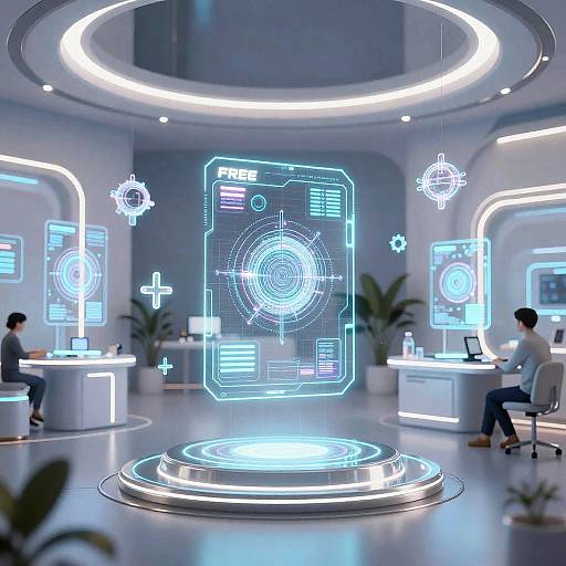 Modern futuristic showroom with glowing blue neon interfaces, two seated people, circular illuminated platforms, and sleek white decor.