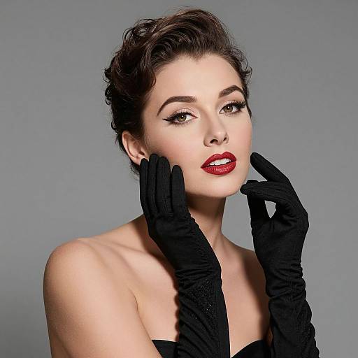 Photograph of a fair-skinned woman with dark, wavy hair, red lipstick, and black gloves, against a gray background, exuding vintage