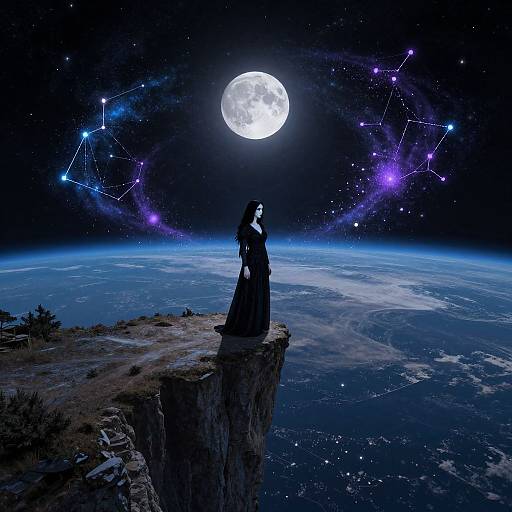 Silhouetted woman in long dress stands on cliff, gazing at full moon, surrounded by starry night sky and constellation. Digital art.