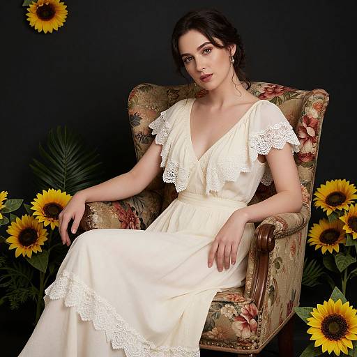 Photograph of a fair-skinned woman with dark hair in a white lace-trimmed dress, seated on a floral armchair surrounded by sunflowers