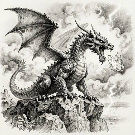 Monochrome ink drawing of a fierce, roaring dragon with large wings, sharp horns, and spiked scales, standing on a rocky cliff with a blazing fire
