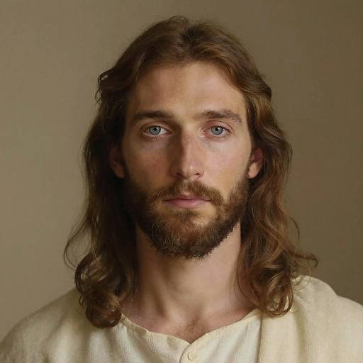 Photograph of a young white man with long brown hair, blue eyes, and a brown beard, wearing a white tunic, against a plain beige