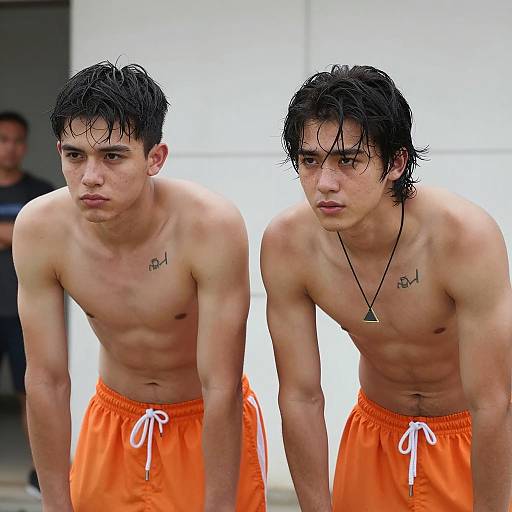 Dynamic Duo: Hunky Men in Orange Shorts