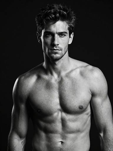 Black-and-white photograph of a muscular, shirtless man with short dark hair, defined abs, and intense gaze, set against a dark background.