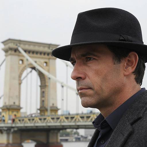 Serious Man Wearing Black Fedora by Suspension Bridge