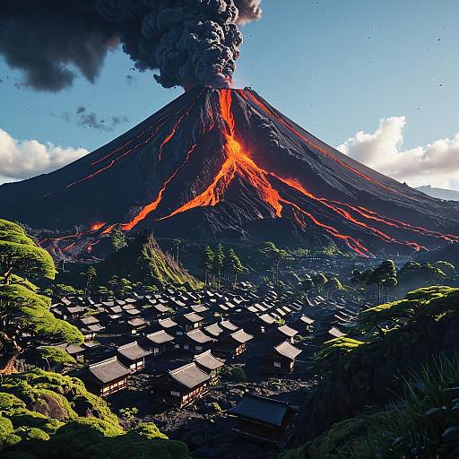 Volcanic Eruption Over Japanese Mountain Village