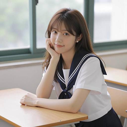 Asian Woman in Sailor School Uniform at Desk