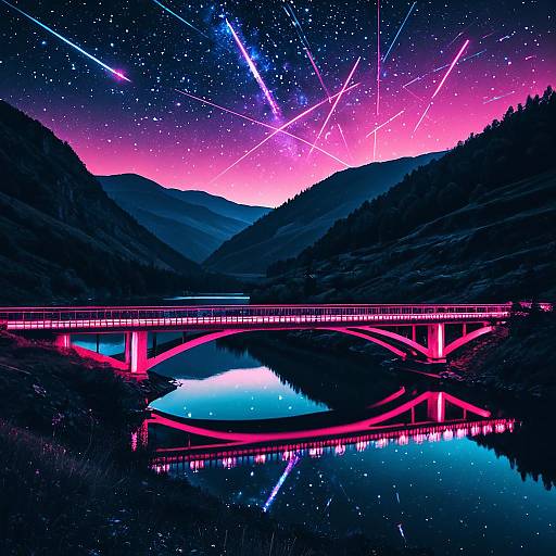 Neon-lit Bridge Over River in Starry Valley Night
