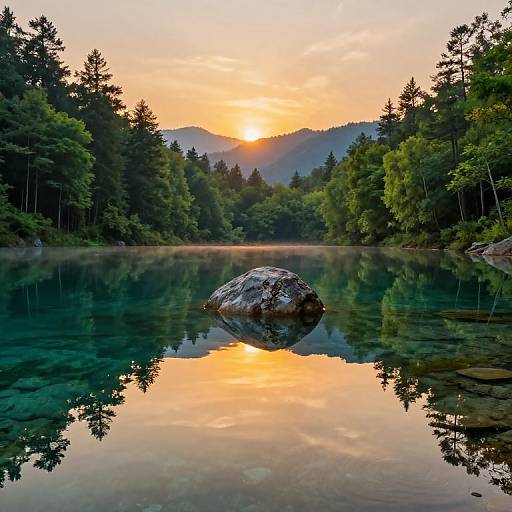 Photograph of a serene lake at sunset, reflecting a large rock and surrounding forest, with mountains and orange sky in the background.