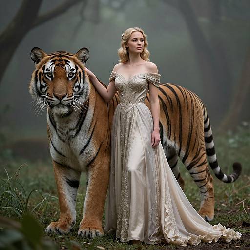 Photograph of a blonde woman in an off-shoulder, white, lace gown standing beside a large, majestic tiger in a misty forest.
