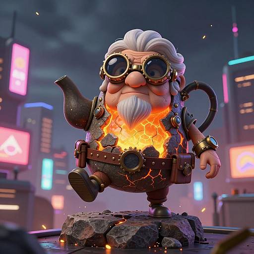 Wise Teapot Grandma in Neon City