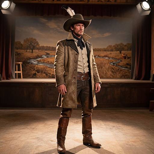 Photograph of a rugged man in a brown 19th-century cowboy outfit with a wide-brimmed hat, white shirt, and leather boots,