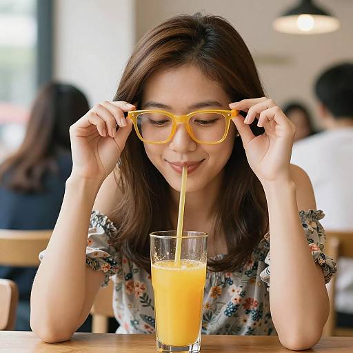 Cheerful Asian Woman in Bright Cafe