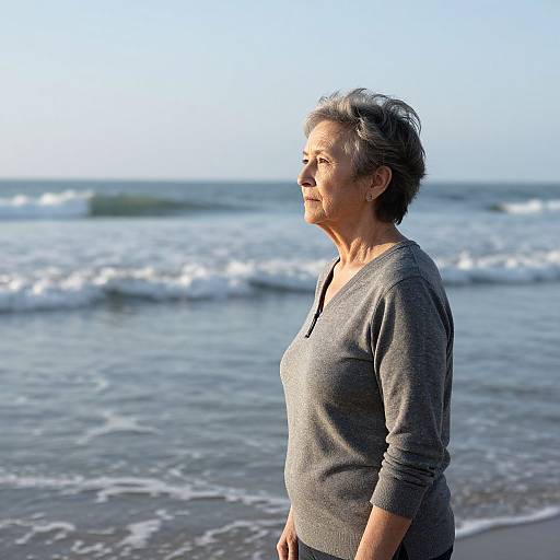 Photograph of an older woman with short gray hair, wearing a gray long-sleeve shirt, standing by the ocean, looking to the right,