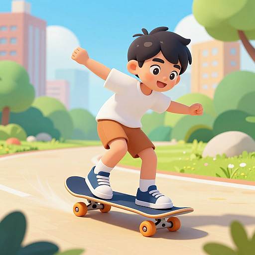 CGI cartoon of a happy, dark-haired boy in a white shirt and brown shorts skateboarding on a sunny park path.