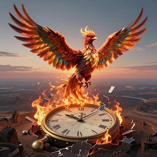 Digital artwork of a fiery, multicolored phoenix with outstretched wings emerging from a blazing clock face against a sunset sky.