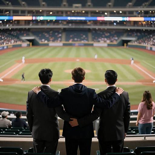 Three Friends at a Vibrant Baseball Game