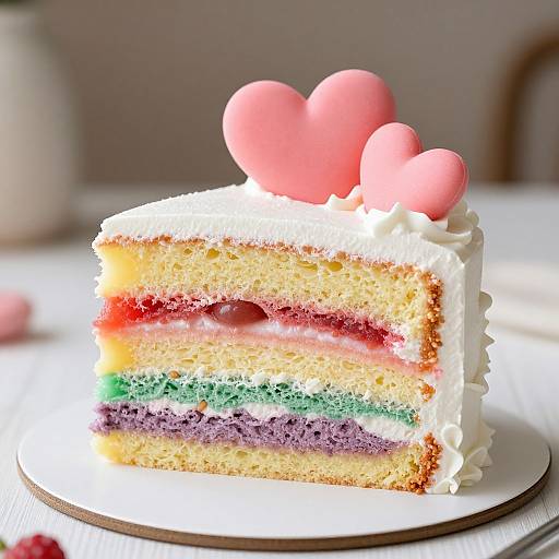 Photograph of a rainbow-layered cake slice with pink heart toppers, white frosting, and colorful jelly layers on a white plate.
