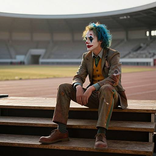 Photograph of a Joker-like character with blue hair, white face paint, red lipstick, brown suit, and boots, sitting on stadium steps at sunset