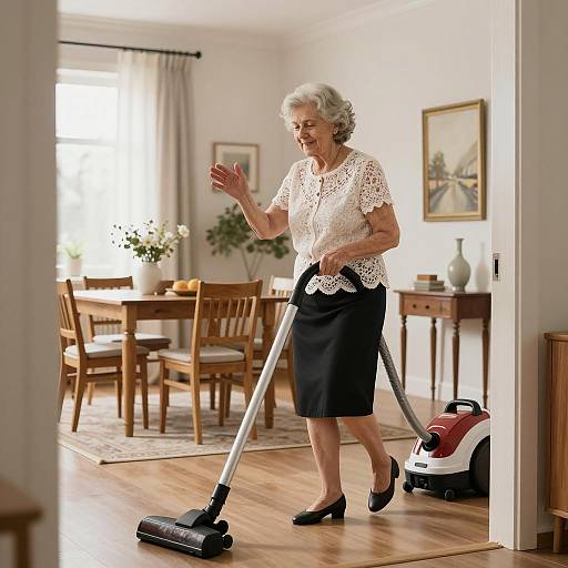 Cheerful Elderly Woman Cleaning in Dining Room