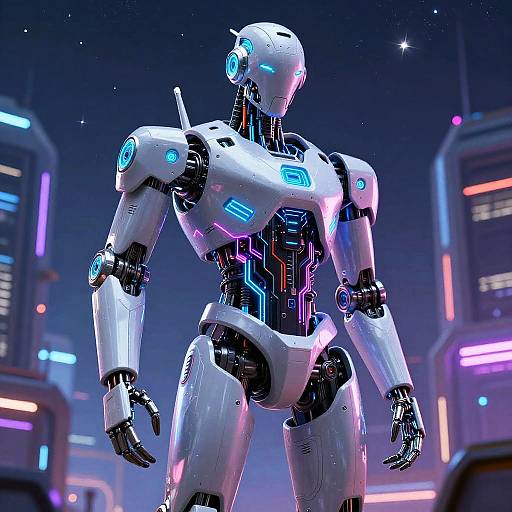 Digital CGI of a sleek, white humanoid robot with glowing blue and purple accents, standing in a futuristic, neon-lit cityscape.