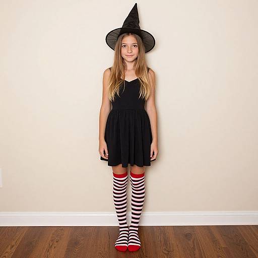 Photograph of a young girl with long blonde hair, wearing a black witch hat, black dress, and striped red-and-white knee-high socks, standing