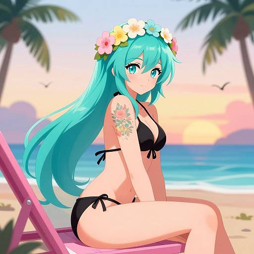 Anime Girl by Ocean at Sunset
