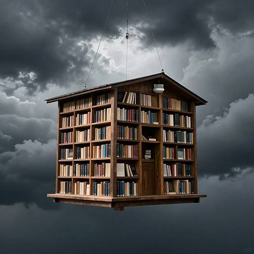 Photorealistic digital image of a wooden, cube-shaped library floating in a dramatic, cloudy sky, suspended by two cables.