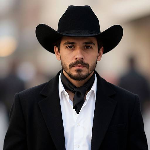 Photograph of a serious, bearded man with olive skin, wearing a black cowboy hat, black jacket, white shirt, and black tie. Bl