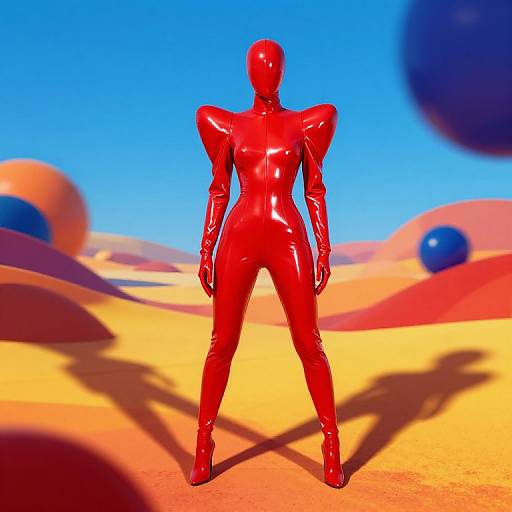 CGI image of a shiny, red, faceless, bodysuit-clad figure standing in a vibrant, surreal desert with colorful, floating spheres