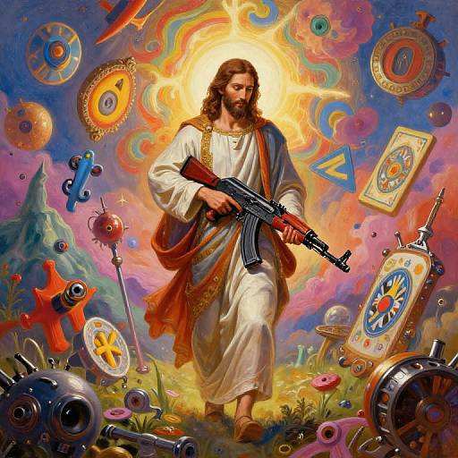 Digital artwork of Jesus with a halo, holding a rifle, surrounded by colorful, surreal objects like gears, targets, and space elements.
