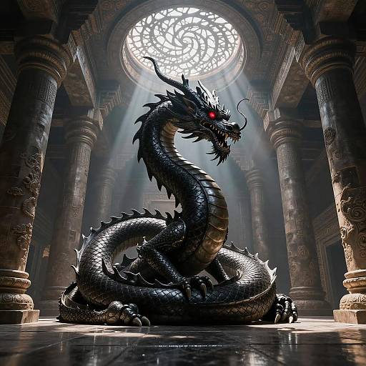 Majestic Black Dragon in Ancient Temple
