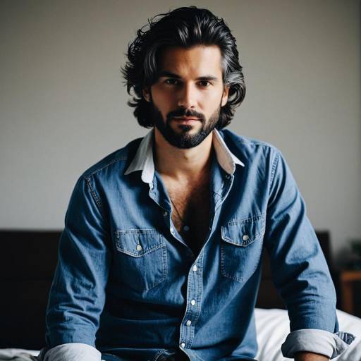 Man with tousled hair in casual denim shirt