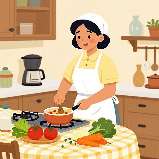 Digital illustration of an Asian woman in a white apron and cap, cooking in a warm kitchen with wooden cabinets, cooking vegetables on a checkered table