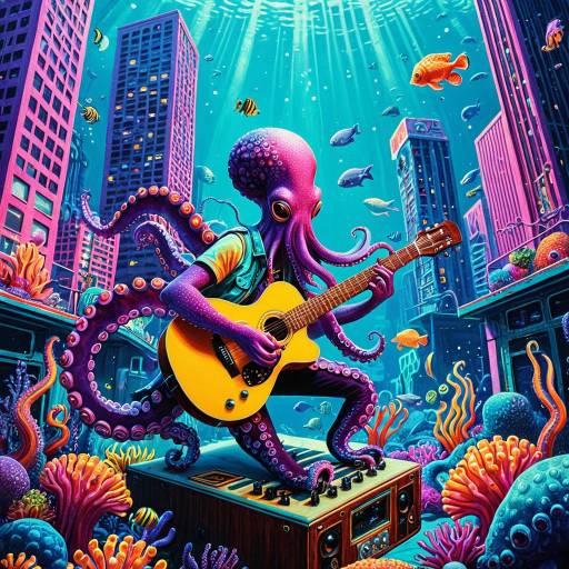 Neon Underwater Octopus Playing Guitar
