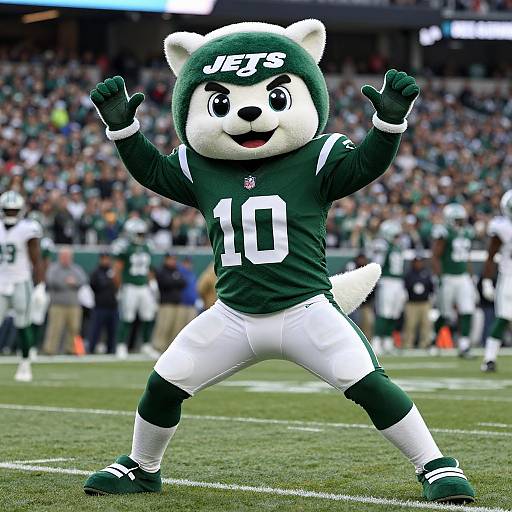 Photograph of a furry mascot in a green and white NFL jersey, number 10, cheering with raised arms on a football field.