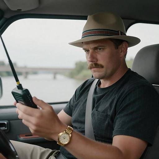Intense Angler in a Vintage Car