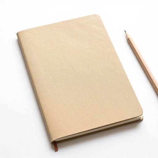 Photograph of a beige leather-bound notebook with a visible brown ribbon marker, lying flat on a white background.