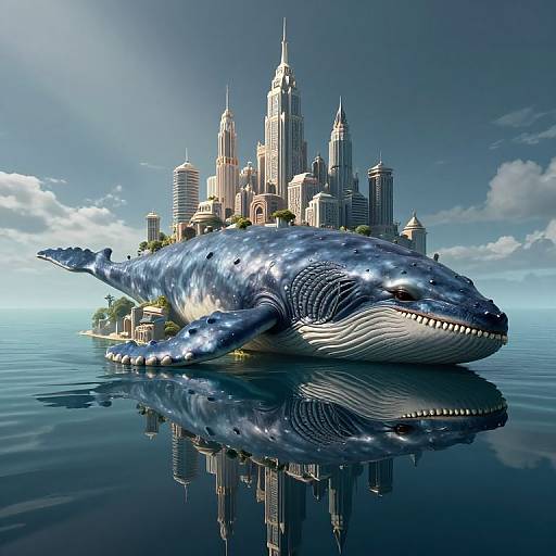 Digital artwork of a giant blue whale floating on calm water, with a futuristic cityscape of skyscrapers atop its back.