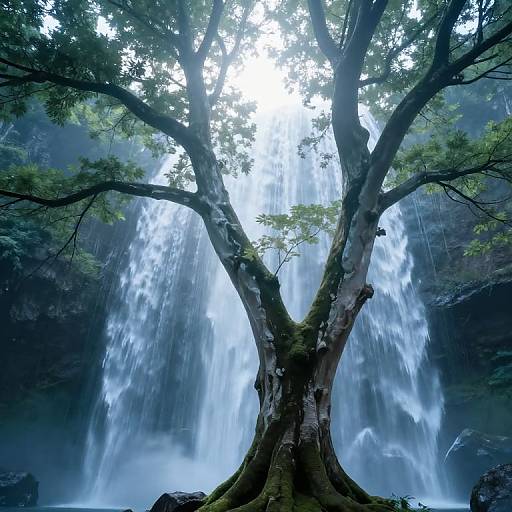 Photograph of a large, majestic tree with thick, gnarled branches, standing in front of a cascading waterfall in a misty forest.