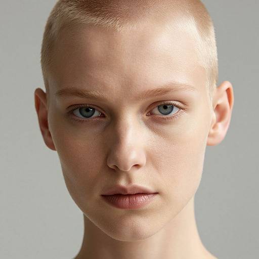 Close-up photograph of a young, fair-skinned, blonde-haired person with blue eyes and a serious expression against a plain gray background.